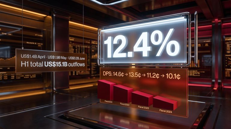 GQG Partners 12.4% dividend yield panel beside declining DPS forecast from 14.6¢ to 10.1¢ and accelerating outflows