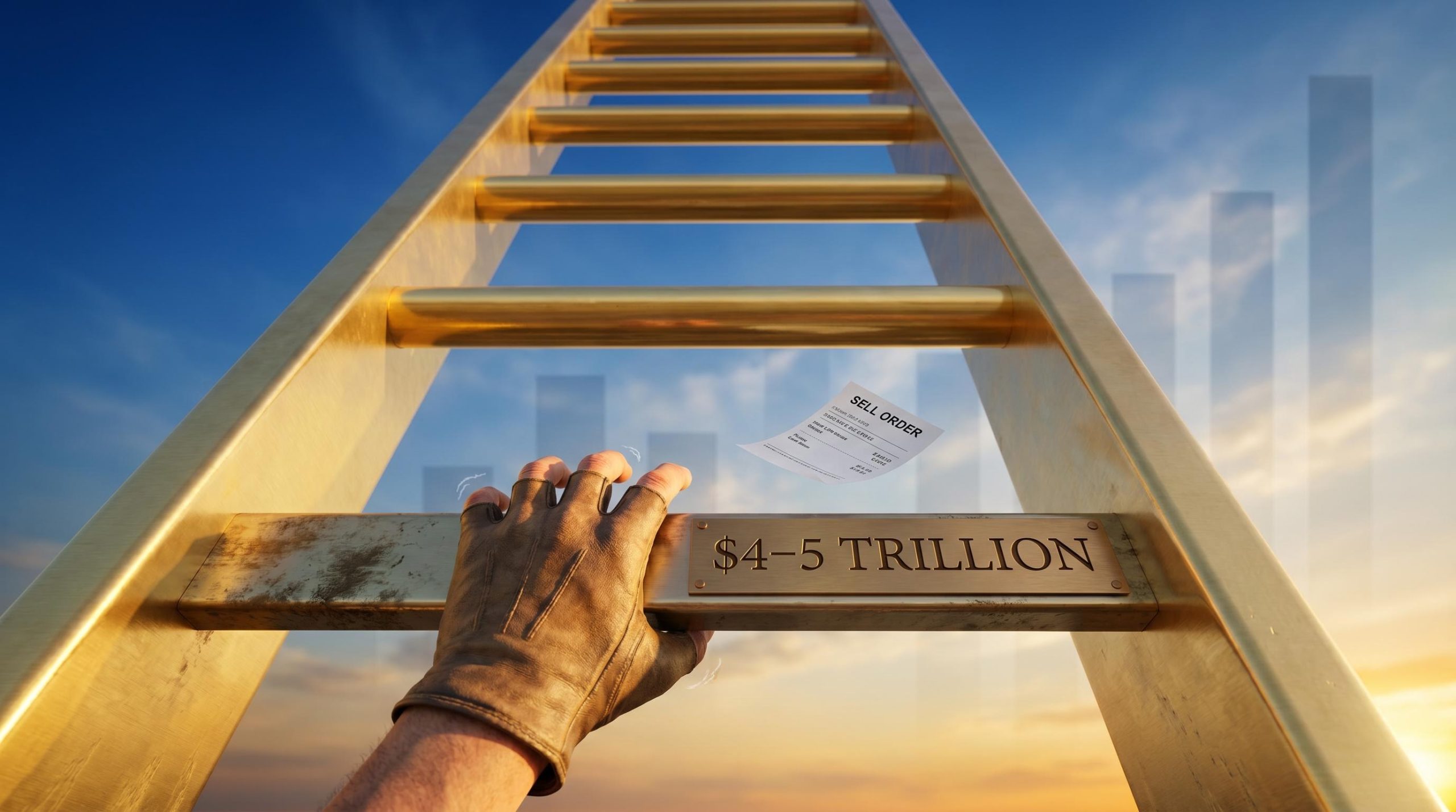 Golden ladder ascending into cobalt sky with "$4–5 TRILLION" engraved on rail, hand mid-release of sell slip