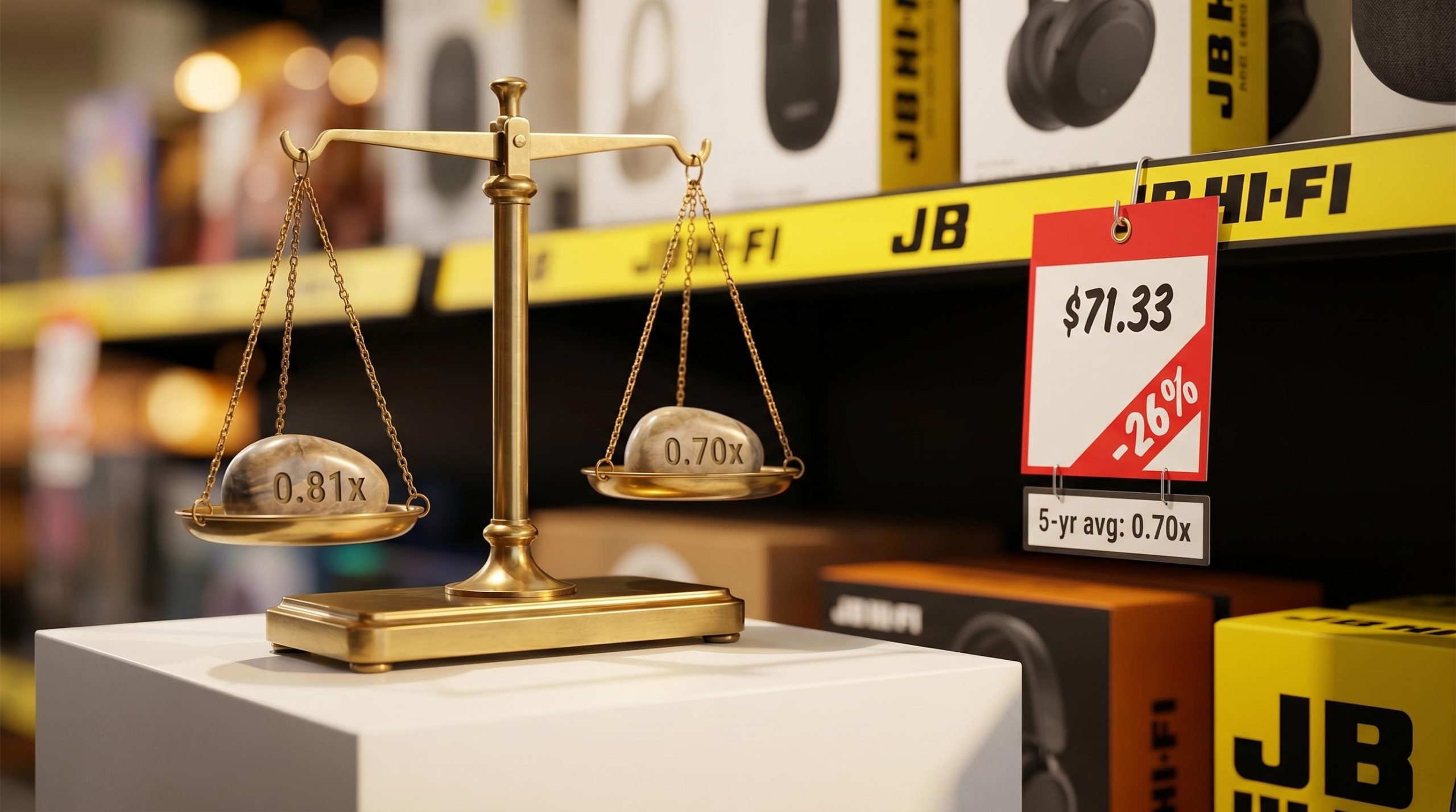 JB Hi-Fi share price analysis: brass balance scale showing 0.81x vs 0.70x P/S with $71.33 price tag and -26% decline