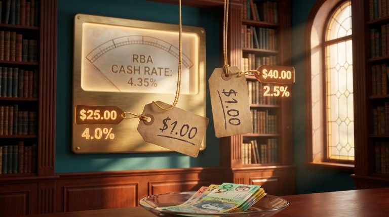 Two dividend yield price tags at $25 and $40 showing how price moves yield, with RBA cash rate 4.35% as benchmark