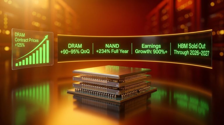 HBM memory chip close-up with 900% earnings growth and DRAM 125% data overlays in the memory chip shortage