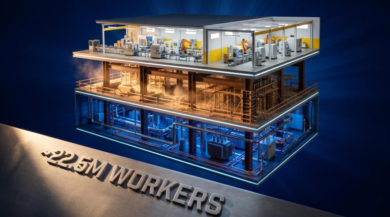 Cross-section diorama of the industrial sector's three economic layers — manufacturing, construction, utilities — with 22.5M workers stamped in steel