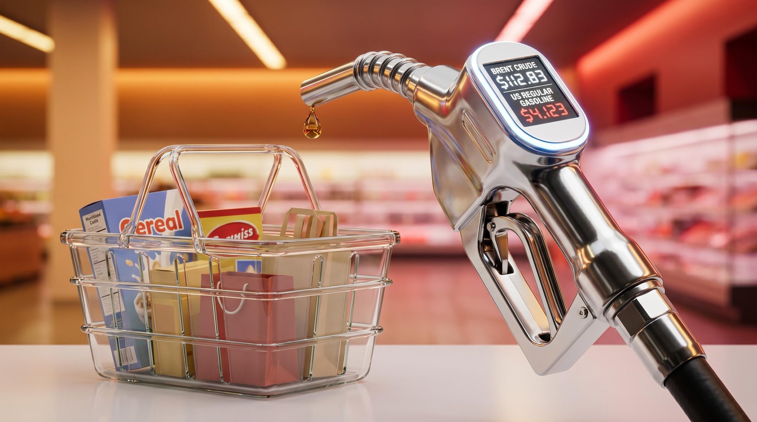 Fuel pump showing Brent crude at $112.83 above a shopping basket, tracking the economic impact of geopolitical conflict