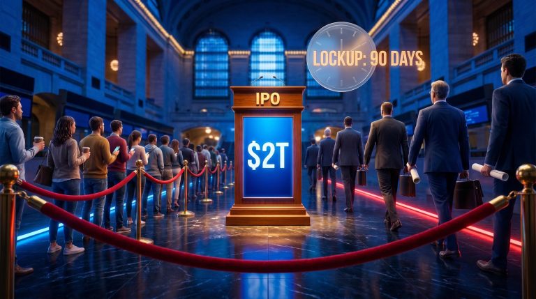 Retail investors queued behind velvet rope as institutions exit IPO podium showing $2T valuation screen