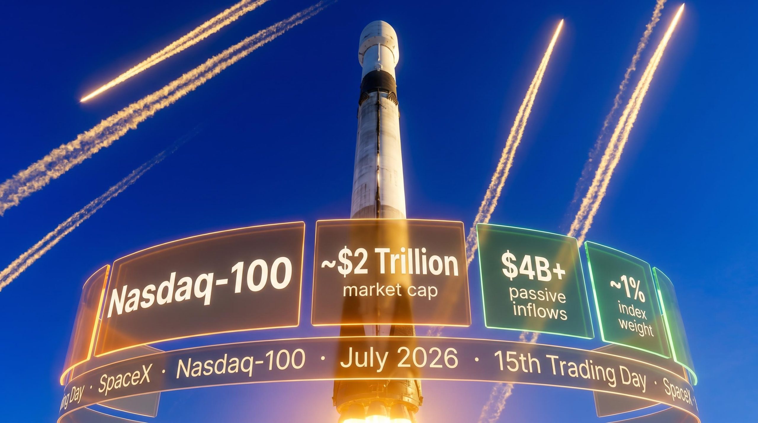 SpaceX rocket with Nasdaq-100 inclusion data panels showing $2 trillion market cap and $4B passive inflows