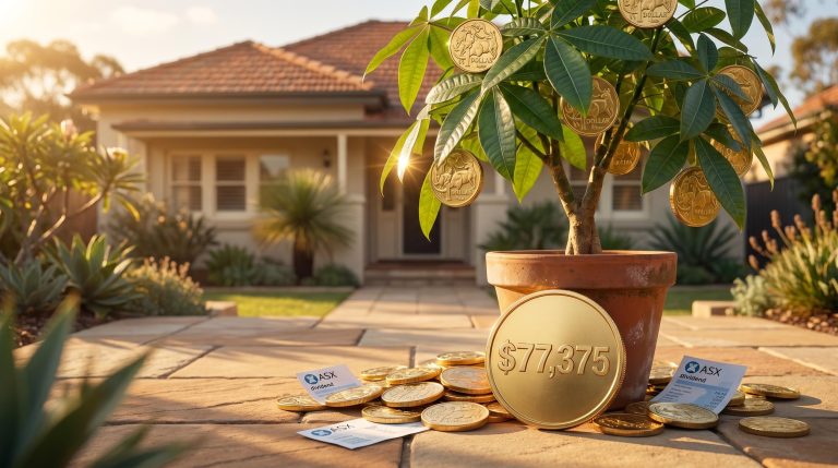 Golden coin-bearing tree with $77,375 engraved coin on sandstone — live off dividends Australia concept