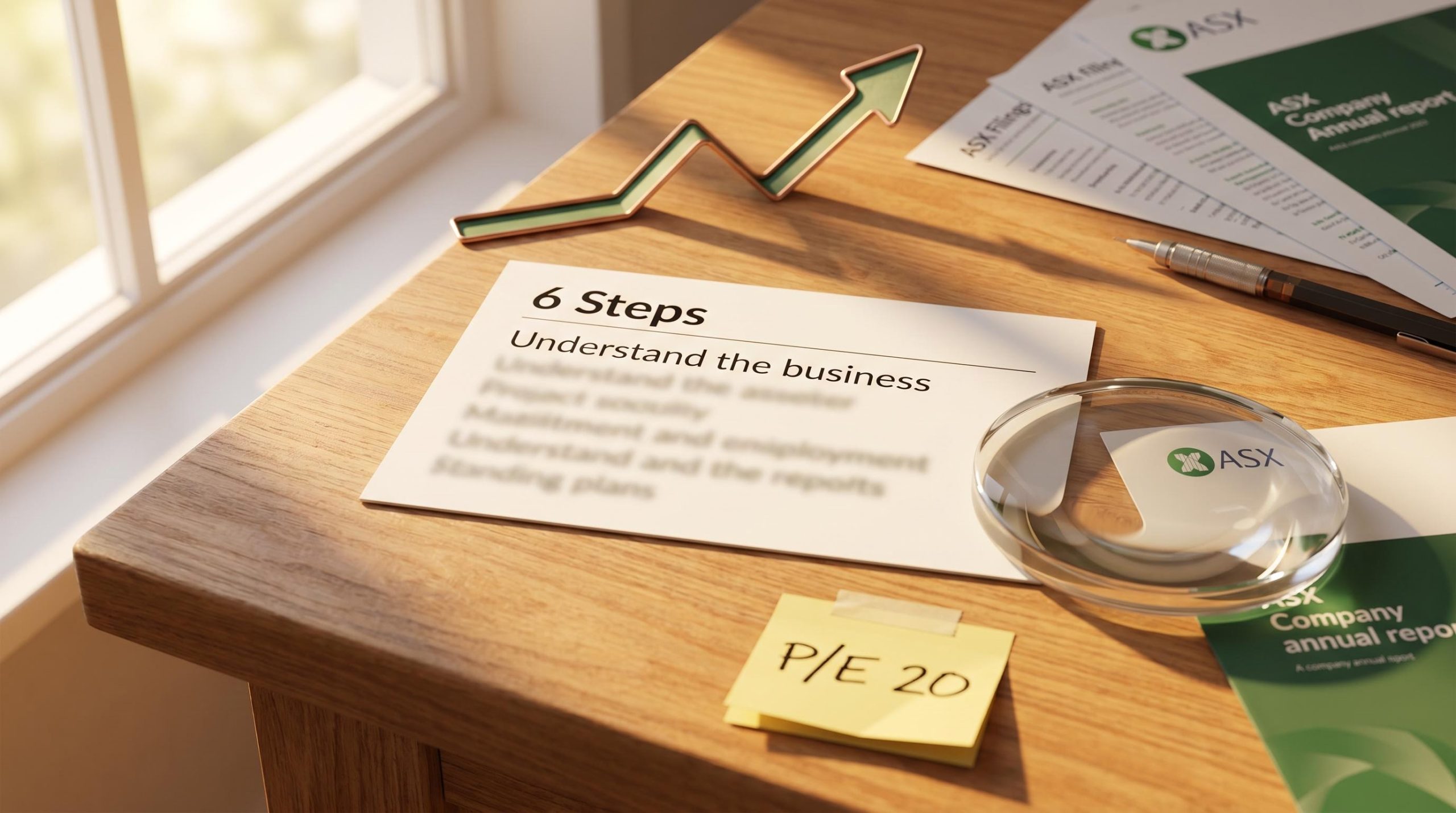 ASX stock selection checklist and magnifying lens on sunlit desk — how to pick shares guide