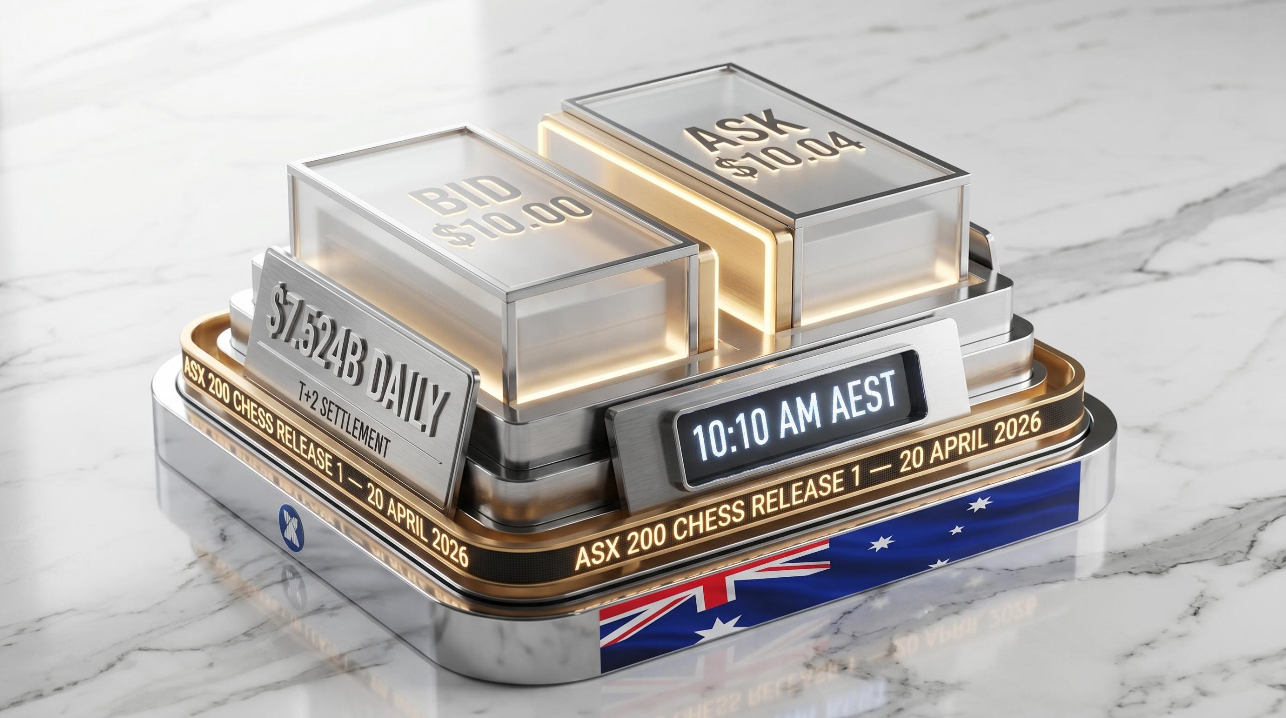 ASX order book model showing $7.524B daily trading, T 2 settlement, and CHESS Release 1 April 2026 milestone