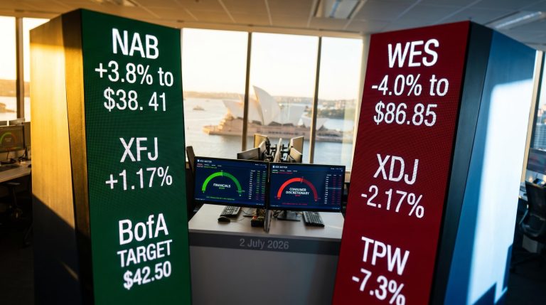 ASX broker ratings split: NAB 3.8% and XFJ 1.17% vs Wesfarmers -4.0% and XDJ -2.17% on 2 July 2026