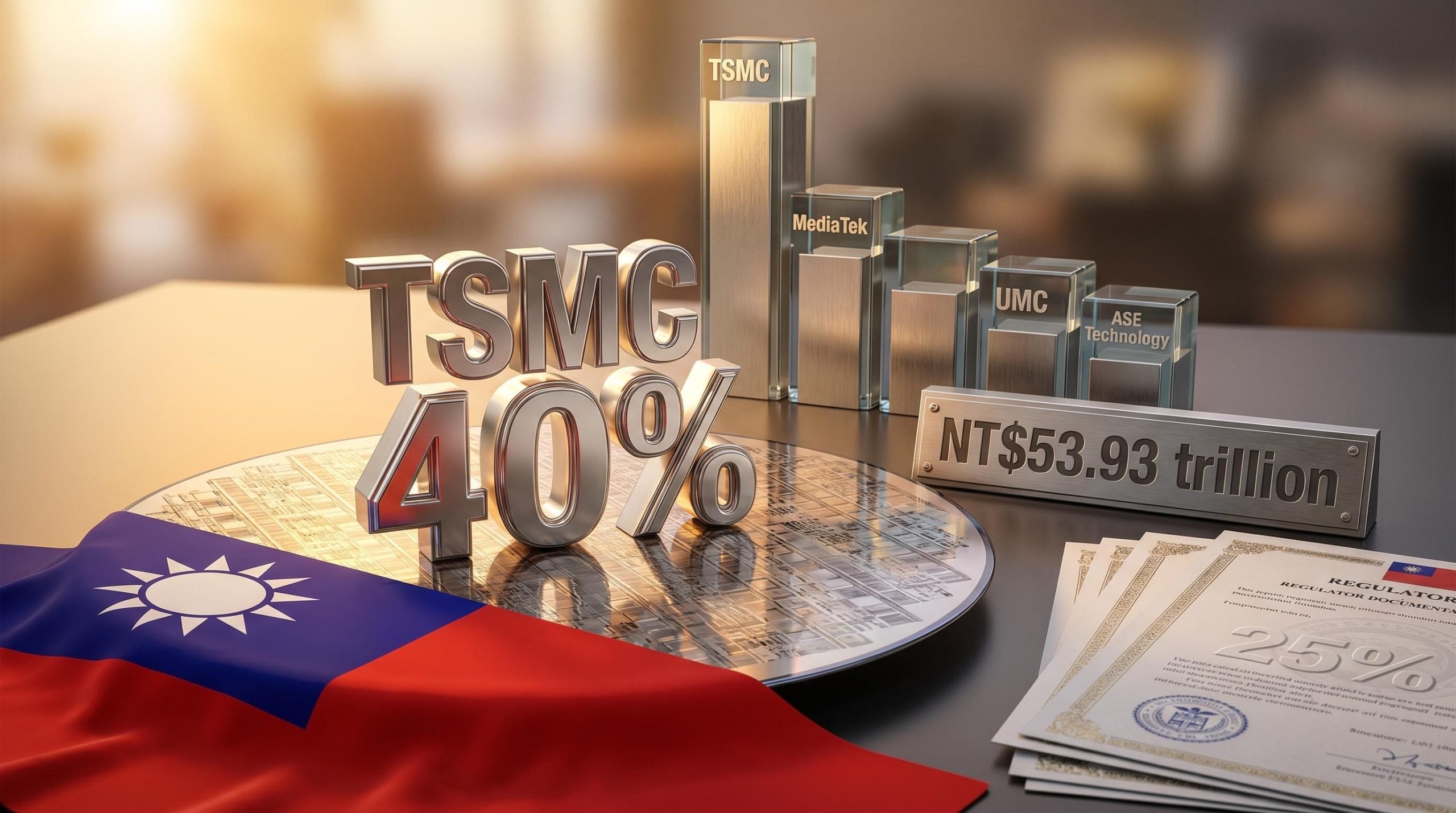 Taiwan flag on silicon wafer with TSMC 40% market dominance figure and 25% new regulatory limit displayed