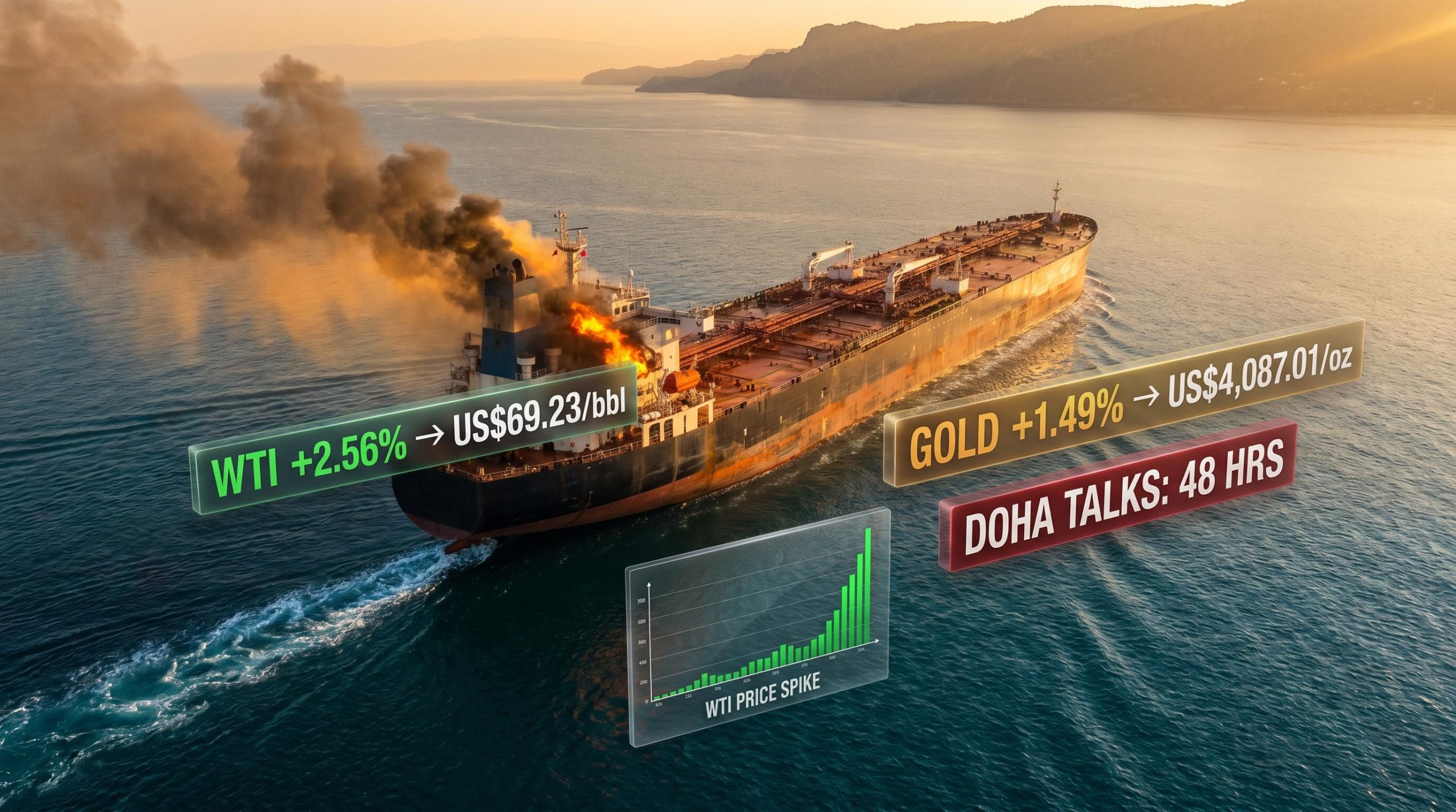 Oil tanker on fire in Strait of Hormuz with WTI 2.56% and gold 1.49% data panels — US-Iran conflict