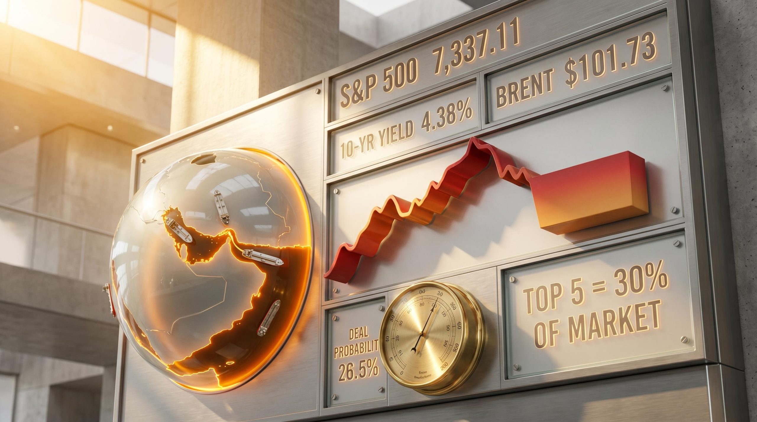 US-Iran deal probability at 26.5% displayed on a lit steel market board alongside S