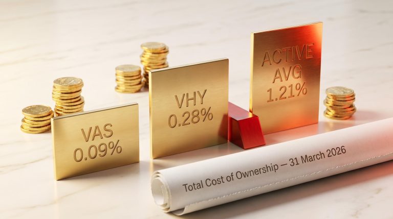 Australian income ETF cost comparison showing VHY at 0.28% vs active ETF average of 1.21% total ownership cost