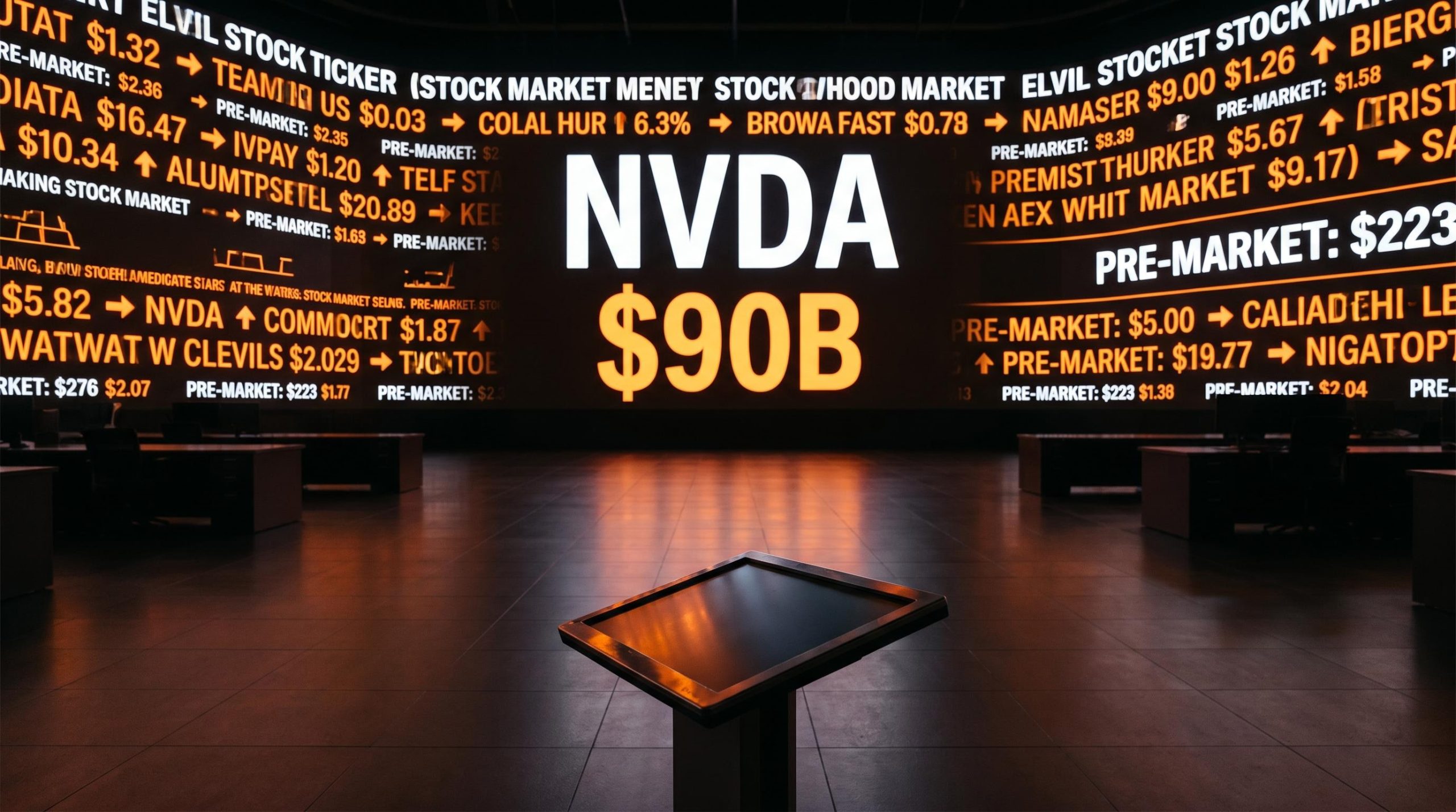 Nvidia Q1 FY2027 earnings countdown — NVDA ticker and $90B guidance threshold on blazing Nasdaq LED wall