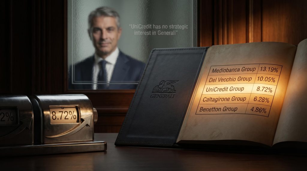 UniCredit shareholder register showing 8.72% Generali stake rise from 2% with Orcel portrait amid strategic denial