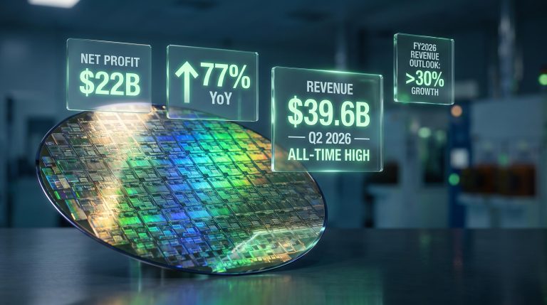TSMC semiconductor wafer with Q2 2026 net profit of $22B and 77% YoY growth panels displayed