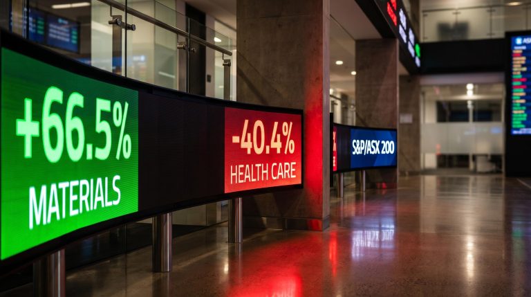 ASX sector display panels showing Materials 66.5% vs Health Care -40.4%, the record 106.9-point FY2026 spread