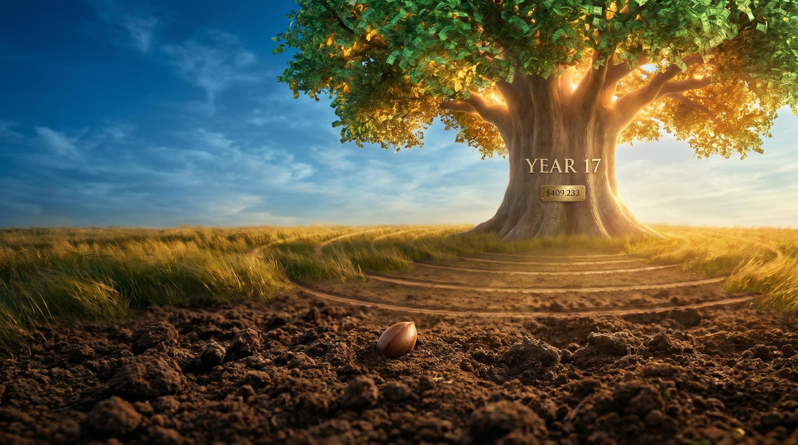 Tiny seed beside a towering glowing tree labelled Year 17 and $409,233, visualising investing $500 a month compounding