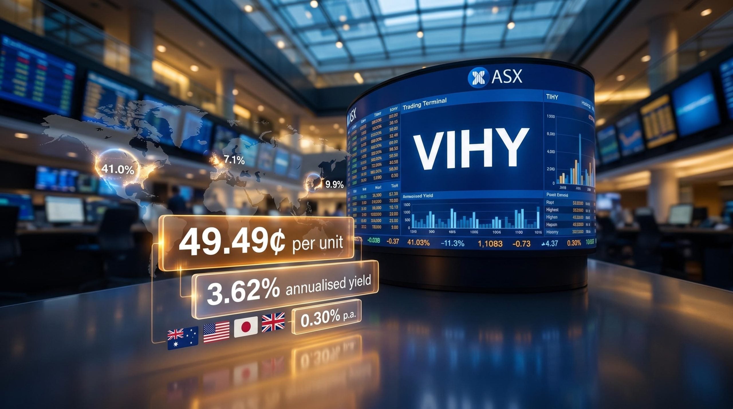 Vanguard VIHY ETF first distribution of 49.49 cents per unit shown on ASX trading screen with 3.62% yield panel