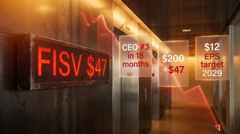 Fiserv stock ticker at $47 with CEO departure count and $12 EPS 2029 target panels in Fiserv stock analysis