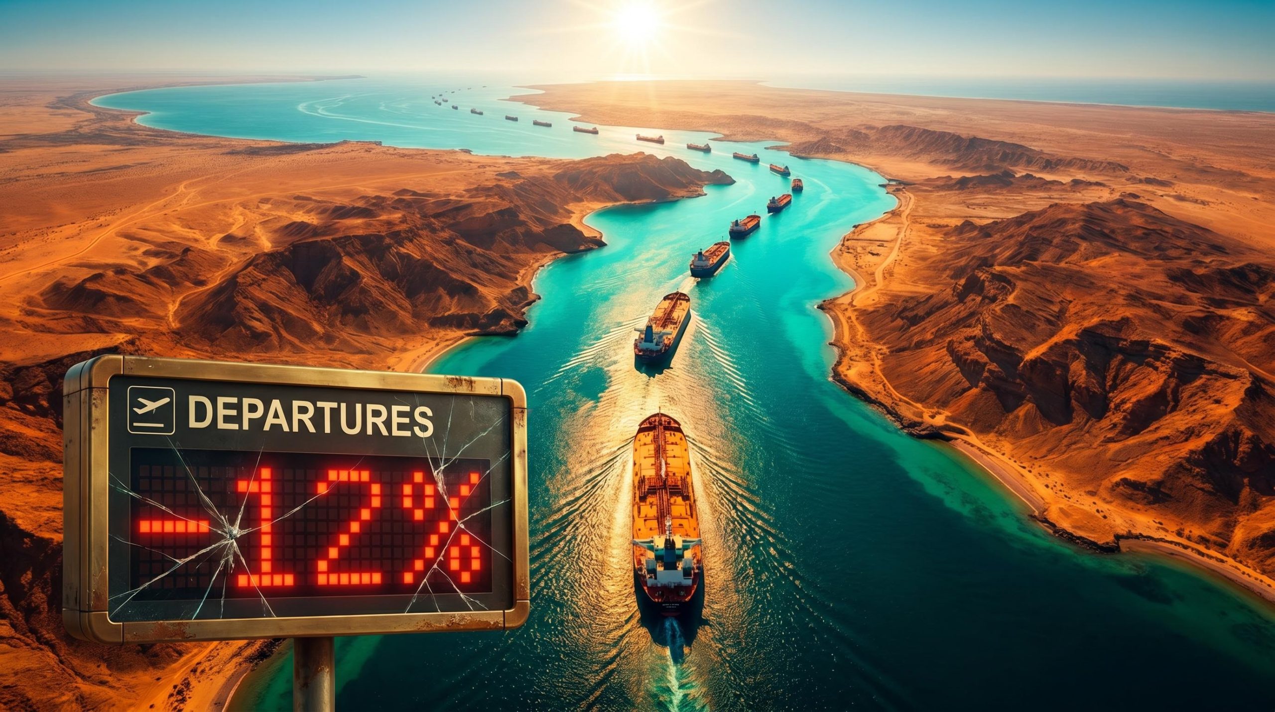 Aerial view of Strait of Hormuz tanker convoy with KOSPI -12% crisis figure — geopolitical risk stock market analysis