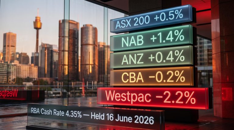 ASX bank shares June 2026 returns board: Westpac −2.2%, CBA −0.2%, ANZ 0.4%, NAB 1.4% vs ASX 200