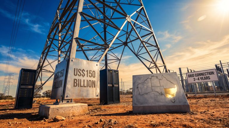 High-voltage transmission tower flanked by server racks over Australia's eastern seaboard, capturing AI infrastructure investment bottlenecks