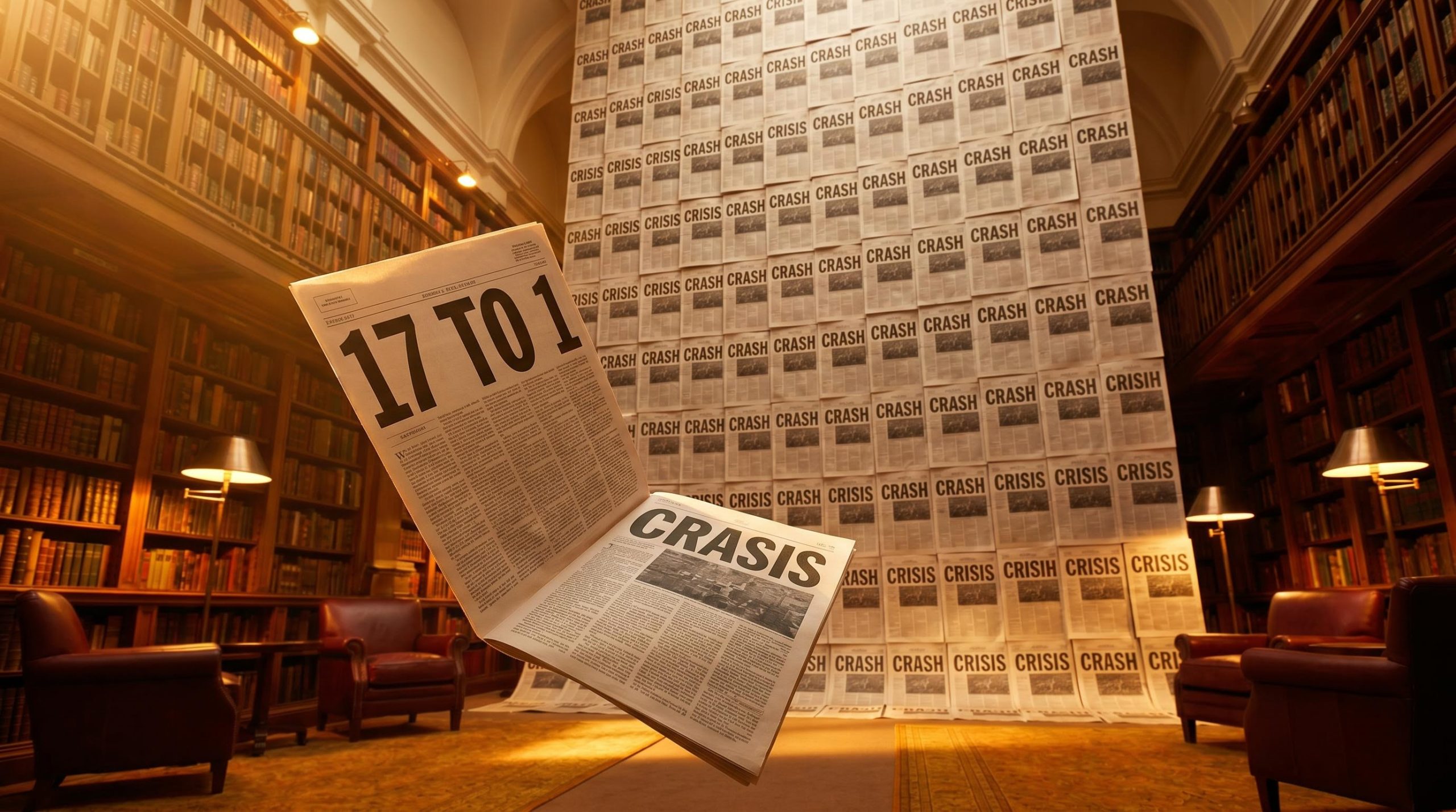Wall of crash-and-crisis headlines towering 17-to-1 over a single calm broadsheet, visualising negativity bias in investing