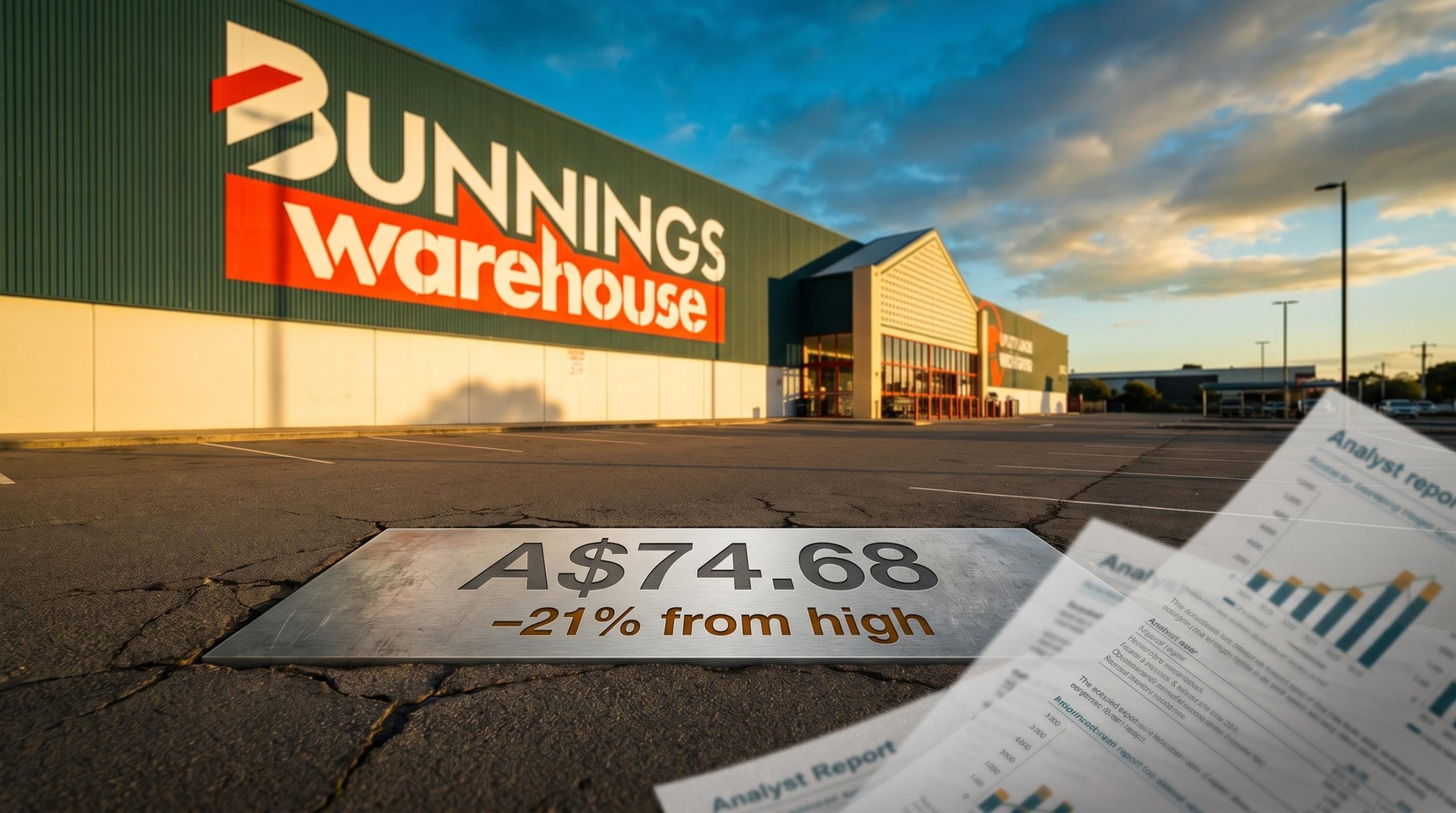 Bunnings store façade with A$74.68 Wesfarmers share price placard amid analyst scrutiny of 21% pullback