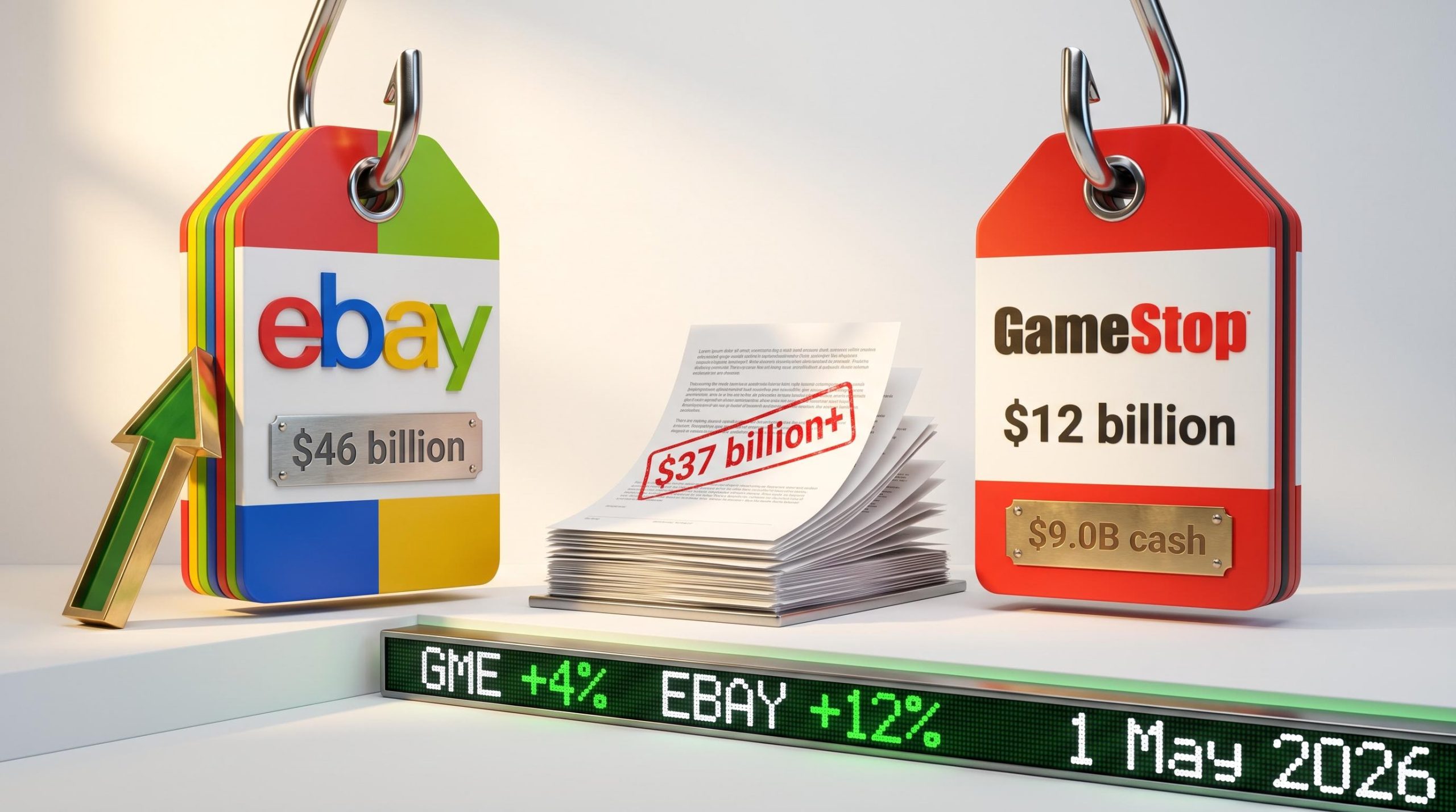 GameStop eBay acquisition bid — price tags showing $46B and $12B market caps with GME 4% EBAY 12% ticker