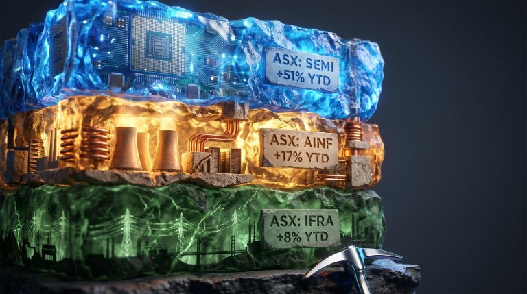 Three glowing strata show ASX AI ETFs SEMI 51%, AINF 17%, IFRA 8% as tiered semiconductor and infrastructure layers