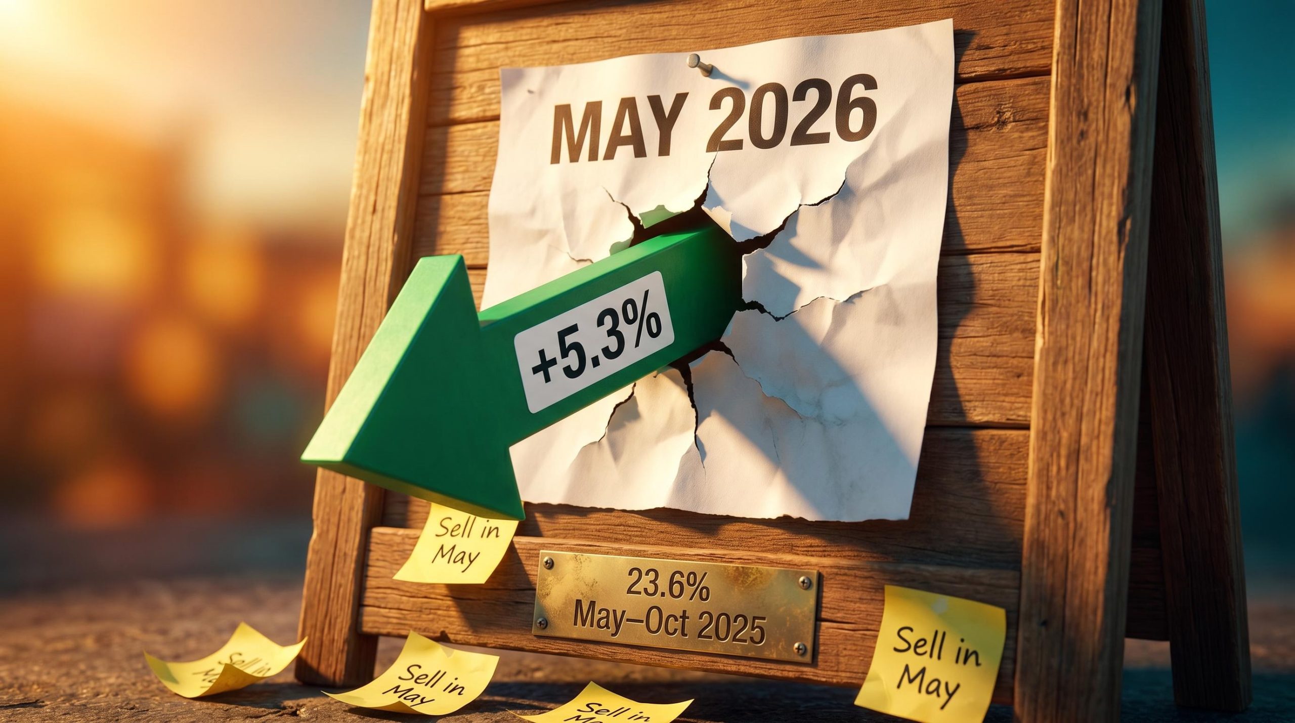 Calendar showing May 2026 with a 5.3% green arrow bursting through, as Sell in May strategy fails again