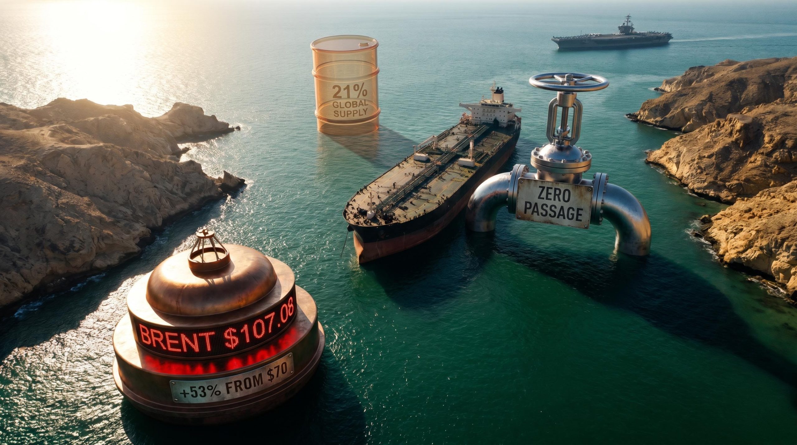 Strait of Hormuz chokepoint with Brent crude at $107.08 and USS Abraham Lincoln amid zero-passage crisis