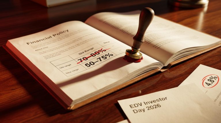 Endeavour Group dividend policy document struck through, showing payout floor cut from 70% to 50% at 2026 Investor Day