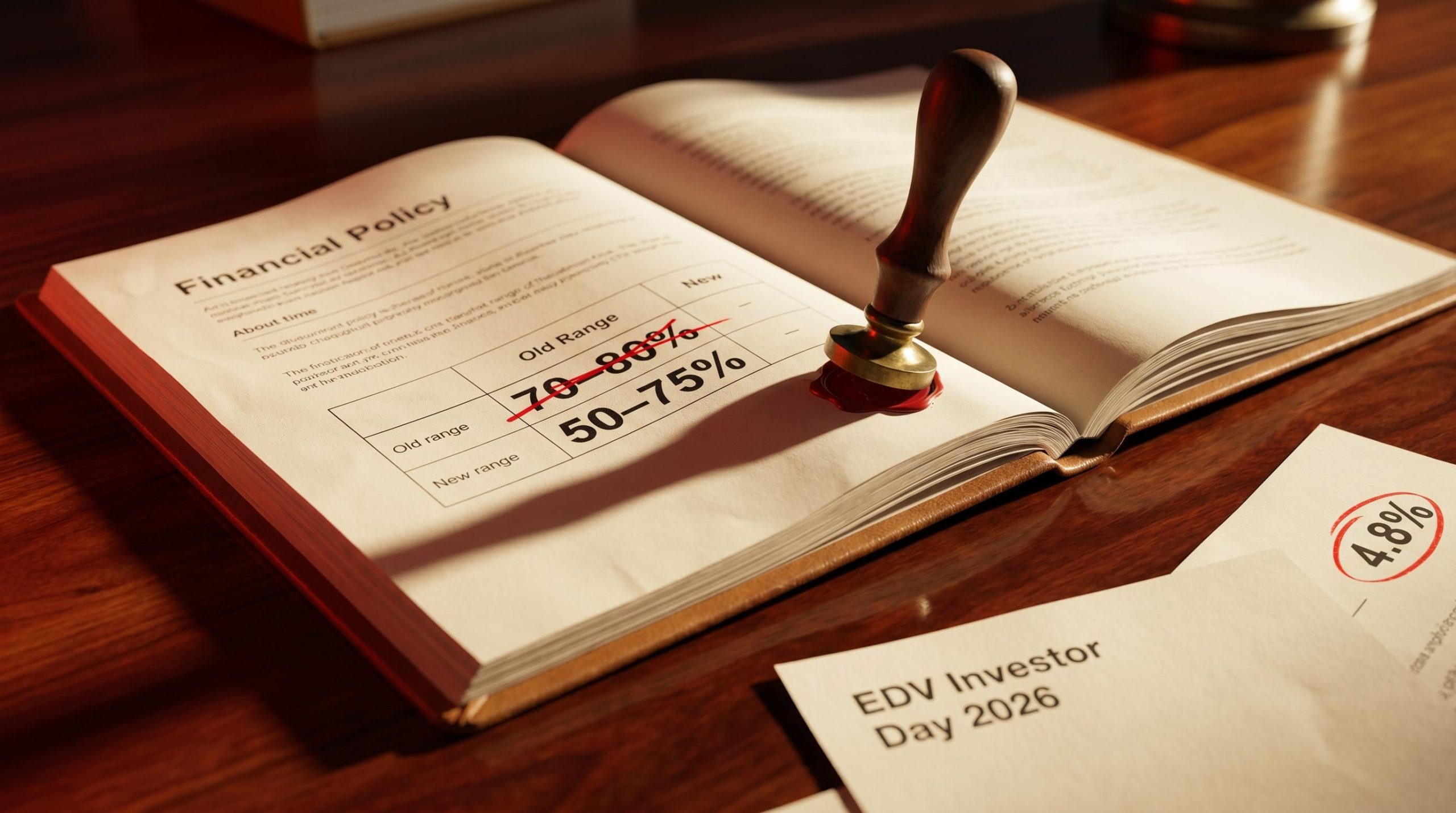 Endeavour Group dividend policy document struck through, showing payout floor cut from 70% to 50% at 2026 Investor Day