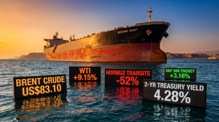 Supertanker stalled in Strait of Hormuz with Brent crude US$83.10 and -52% transit data panels as US-Iran conflict escalates