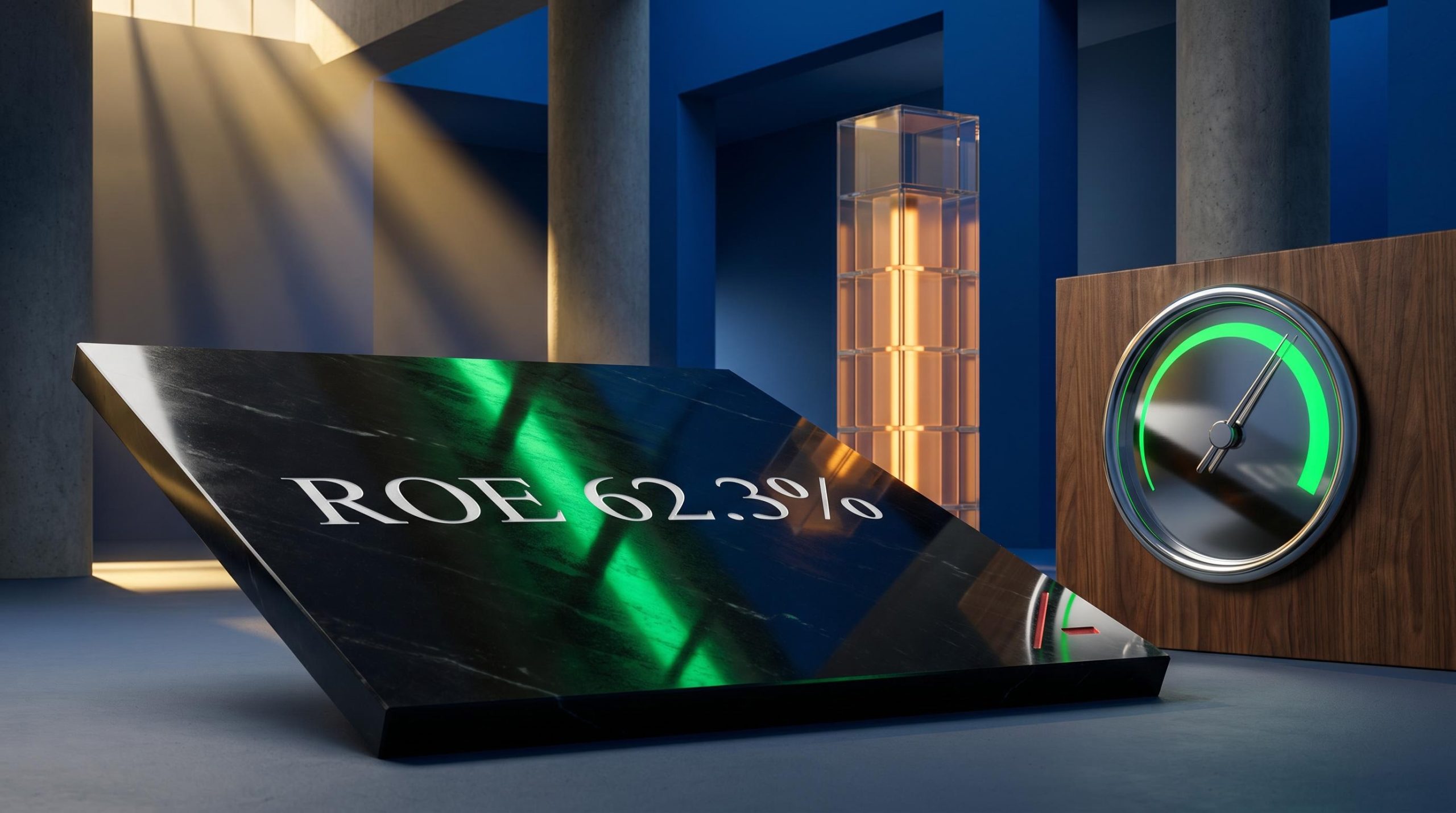 Polished obsidian slab engraved with "ROE 62.3%" beside a chrome dial in a dramatic architectural interior — Netwealth Group analysis