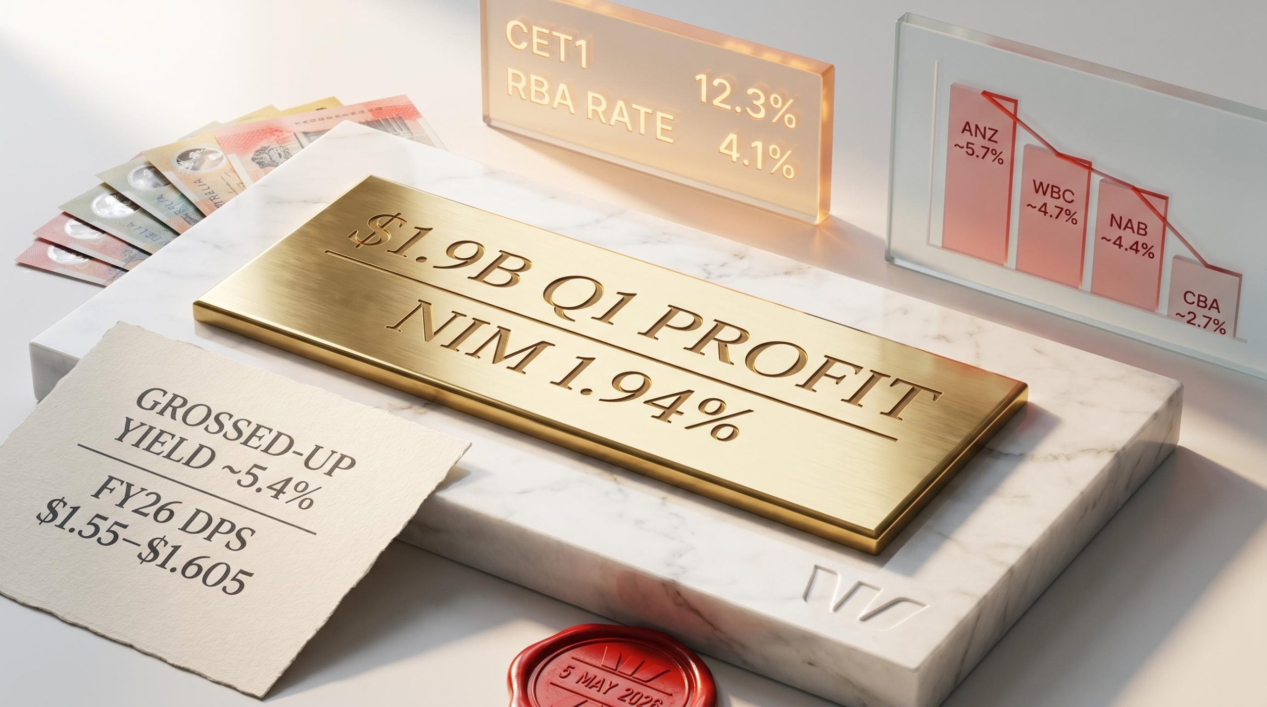 Westpac $1.9B Q1 profit plaque with 5.4% grossed-up dividend yield and CET1 12.3% on marble editorial display