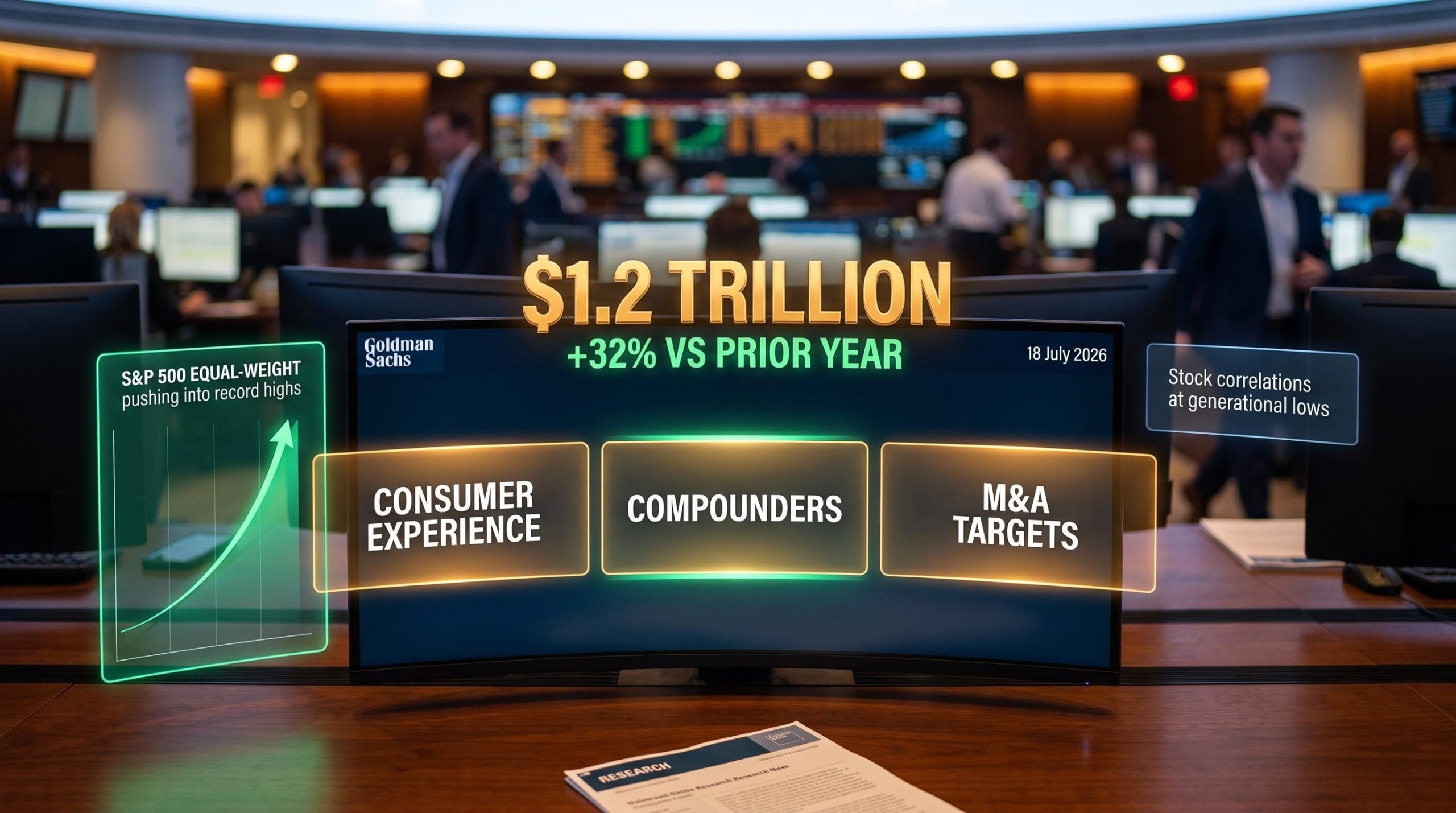 Goldman Sachs research screen showing three investment themes and $1.2 trillion M