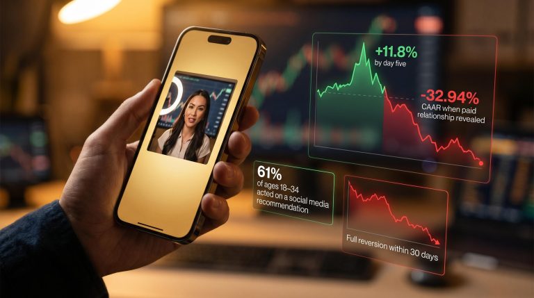 Smartphone showing stock influencer video with pump-and-dump data panels: 11.8% spike and -32.94% collapse overlay