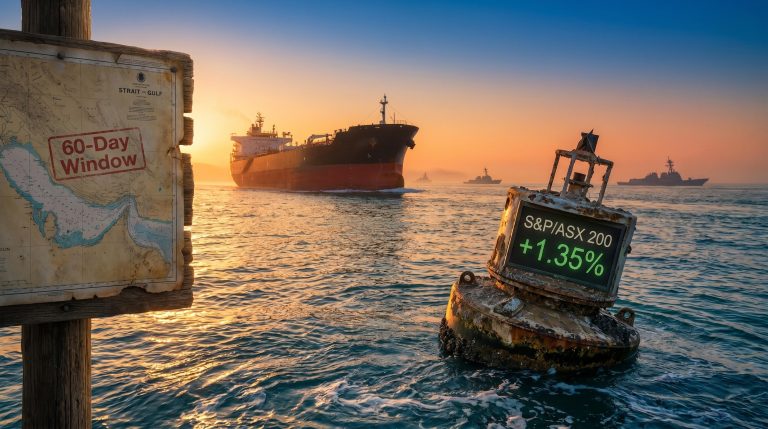 Oil tanker transits Strait of Hormuz at golden hour as ASX 200 rises 1.35% on US-Iran peace deal