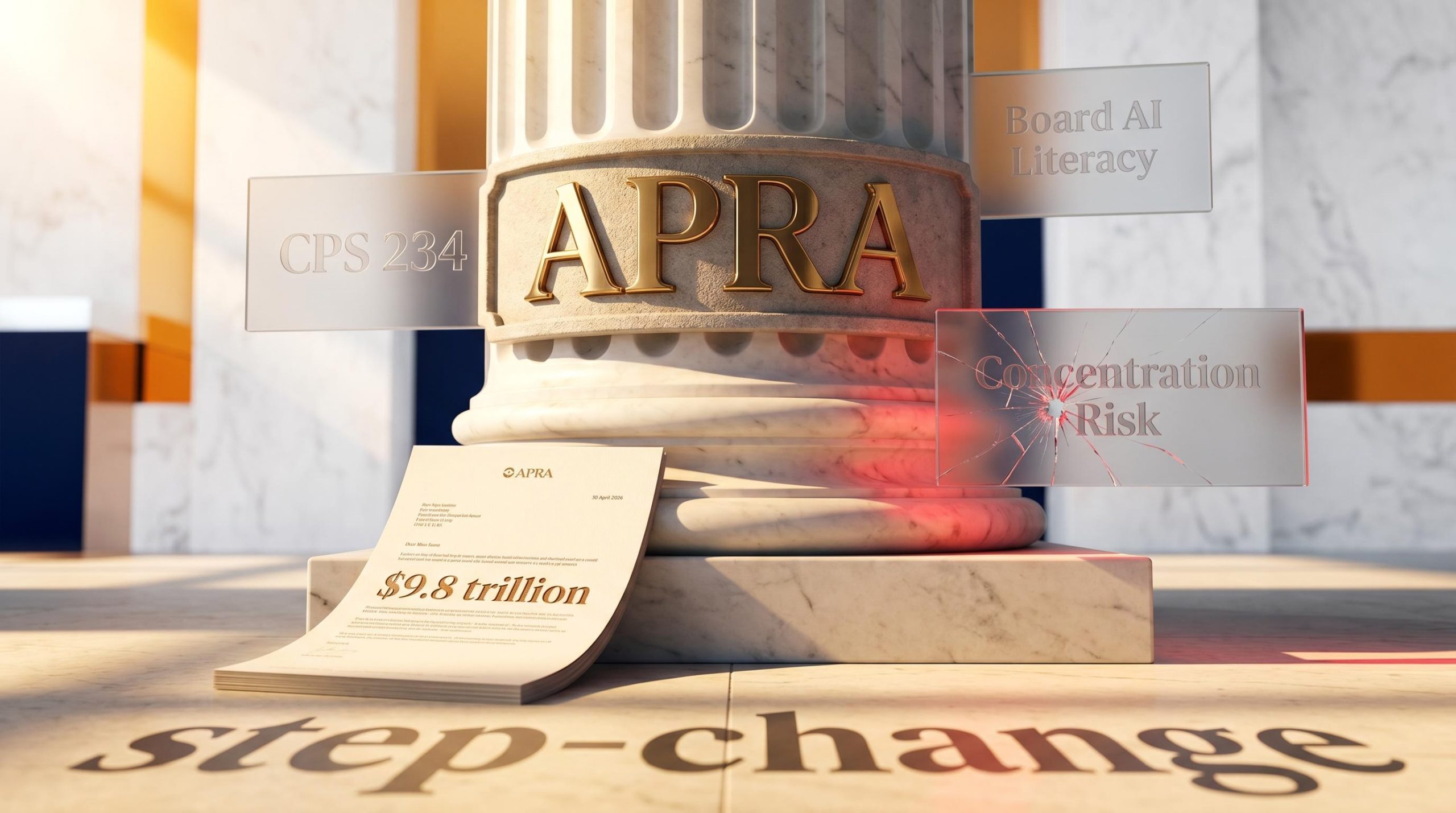 APRA regulatory column dated 30 April 2026 with $9.8 trillion and CPS 234 governance risk panels, signalling AI risk management gap