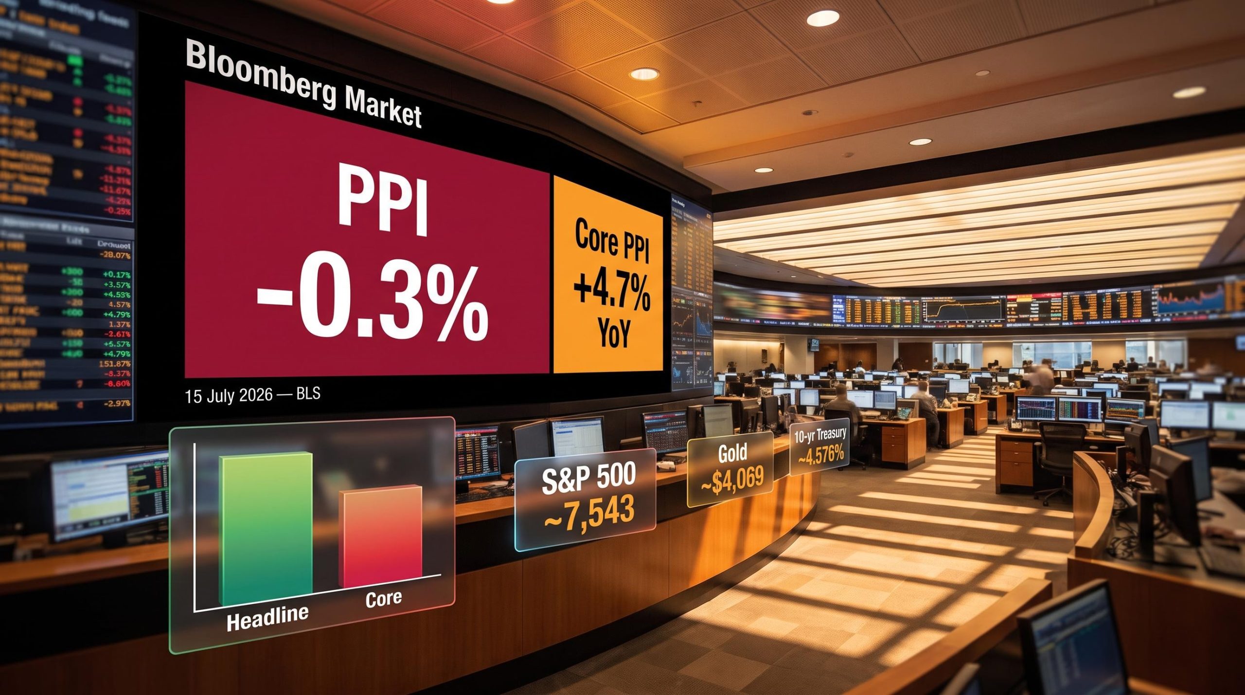 BLS June 2026 PPI data screen showing -0.3% headline and 4.7% core year-over-year on trading floor