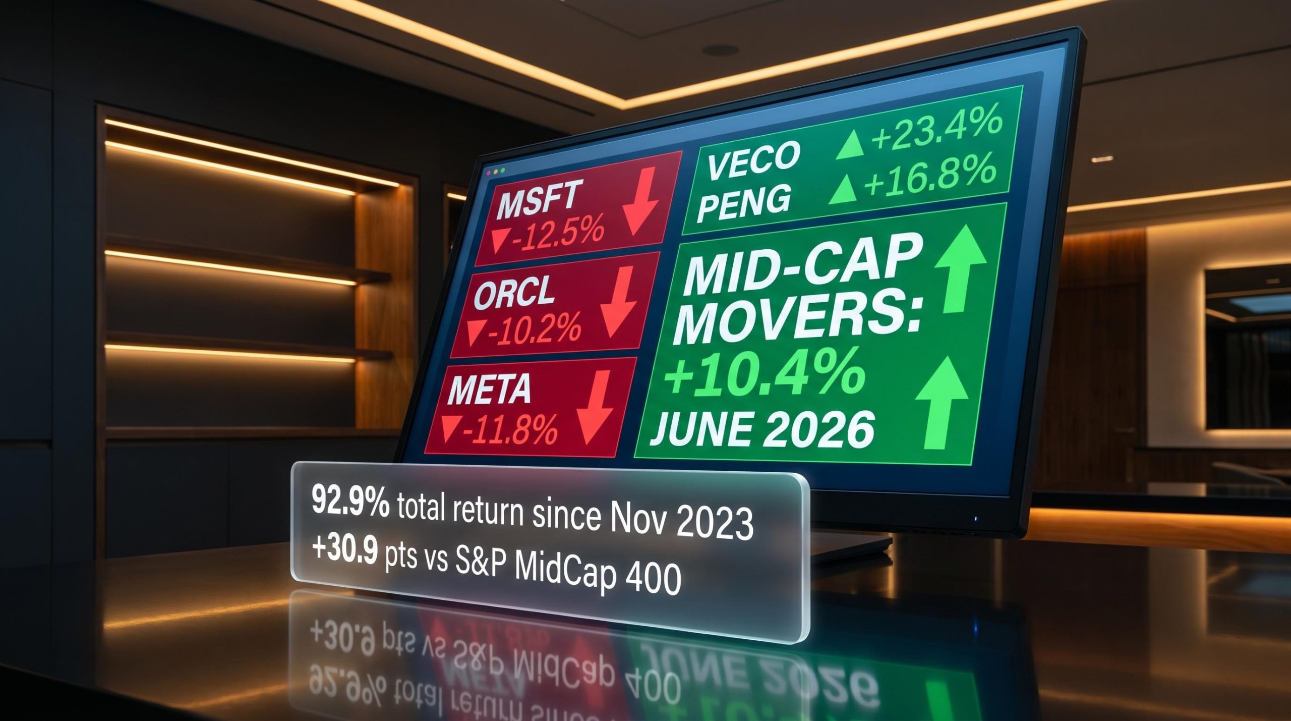 Market terminal showing mid-cap rotation: VECO 23.4%, PENG 16.8% in green vs mega-cap red declines, June 2026