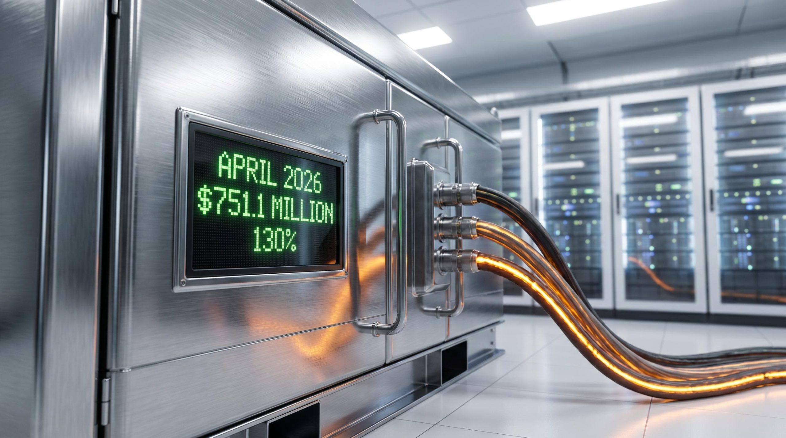 Industrial fuel cell powering a data center with an LED screen displaying $751.1 million to highlight AI energy stocks.