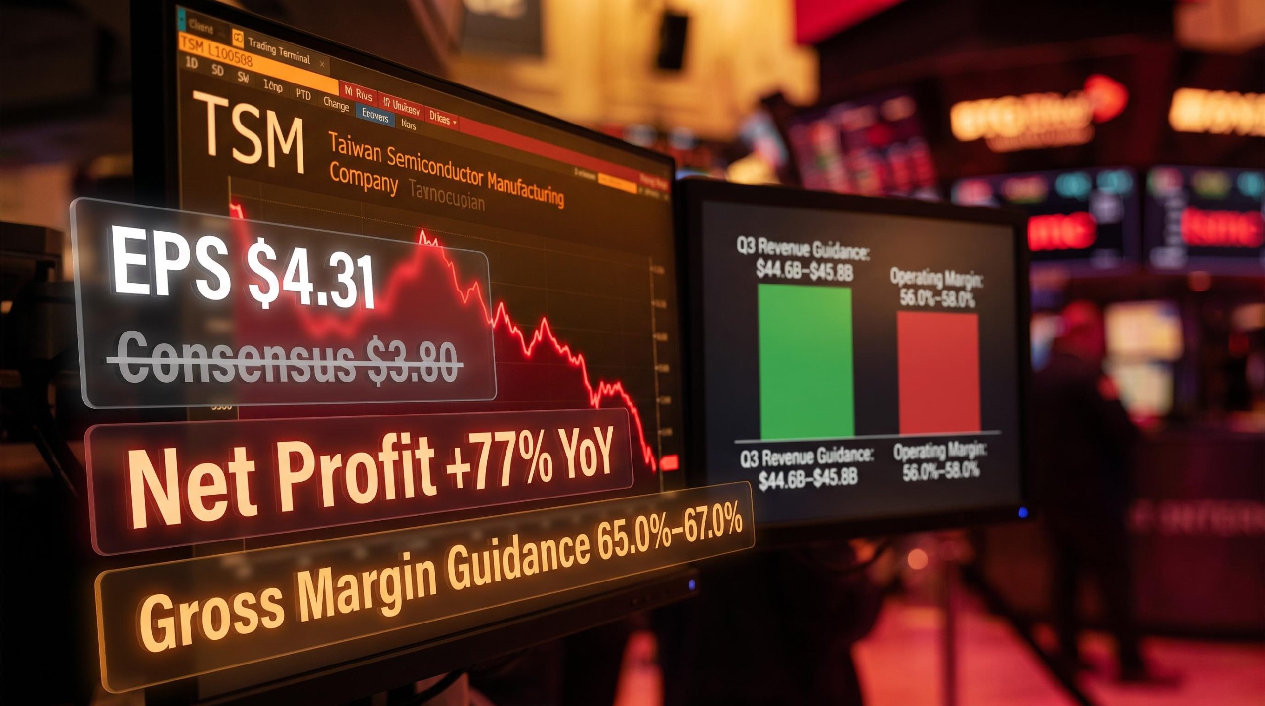TSMC TSM stock ticker drops 4% on trading screen despite record $4.31 EPS beat and 77% profit surge