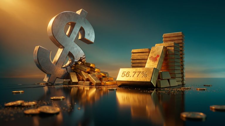 Crumbling dollar symbol beside cascading gold bars engraved with "56.77%" — de-dollarisation investment strategy visualised