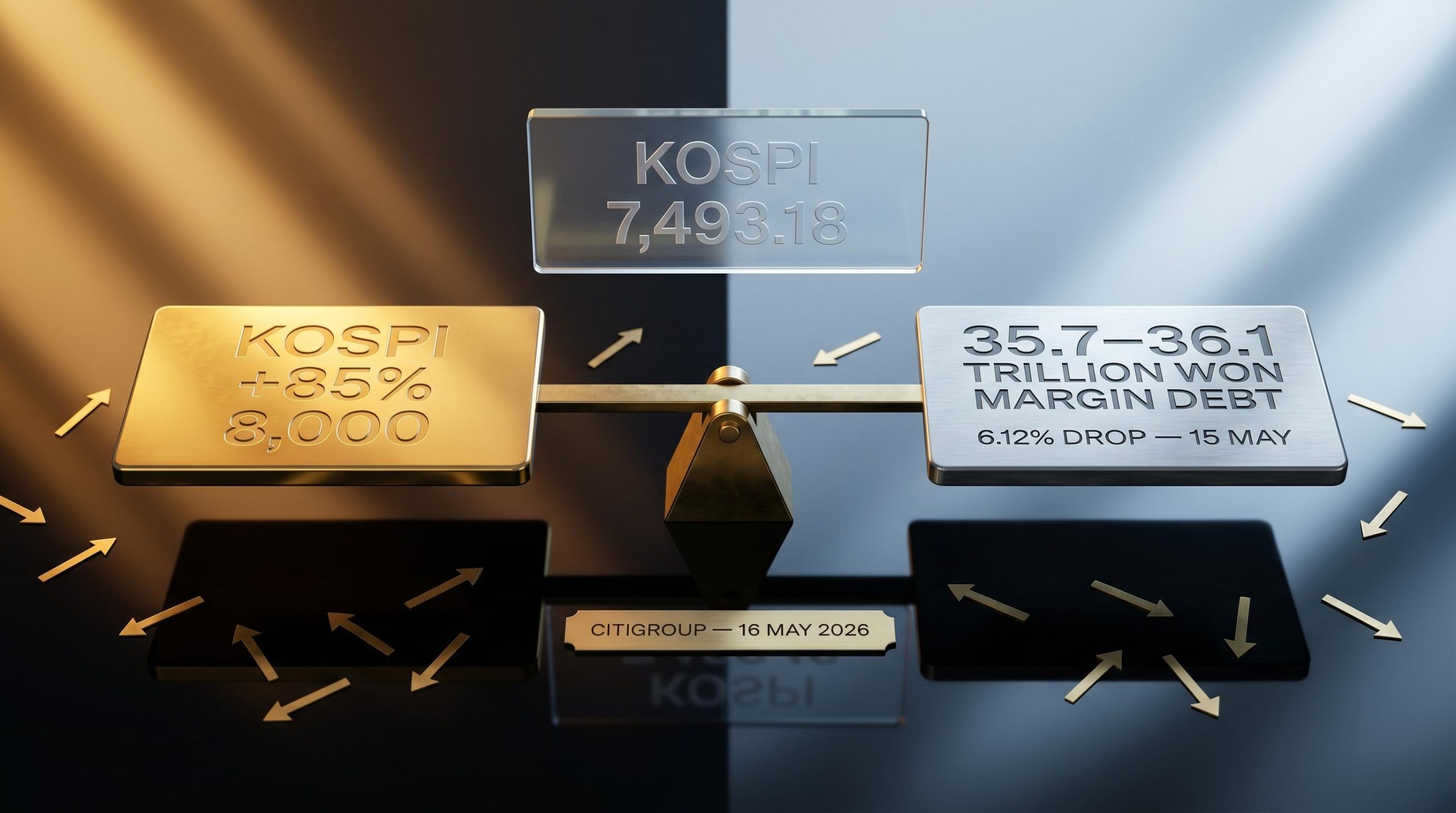 Citigroup's split KOSPI position shown as a gold-and-steel balance scale, with 85% rally and record margin debt figures etched in.