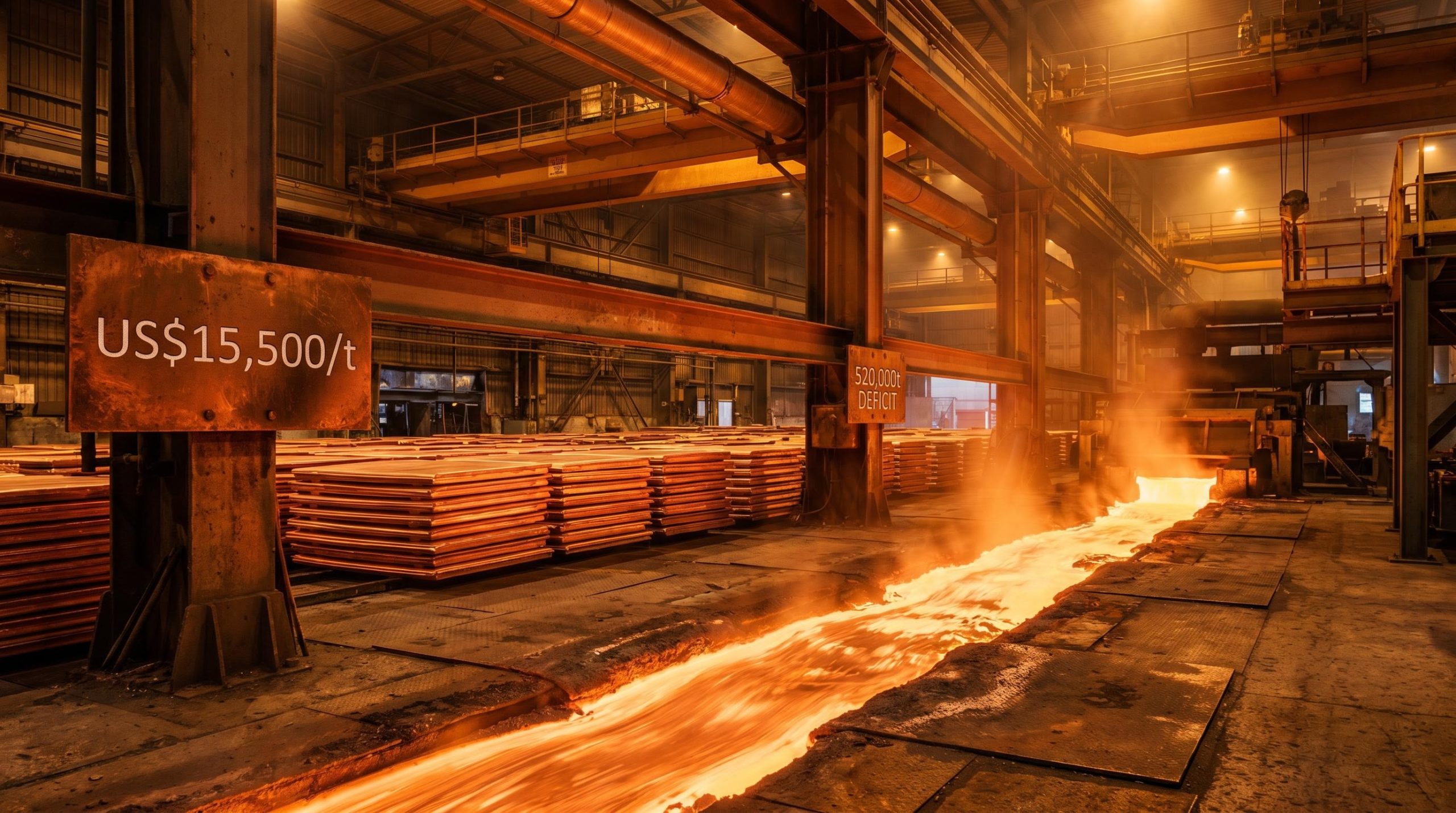 Molten copper flow in smelter with UBS US$15,500/t price target board amid copper cathode stacks