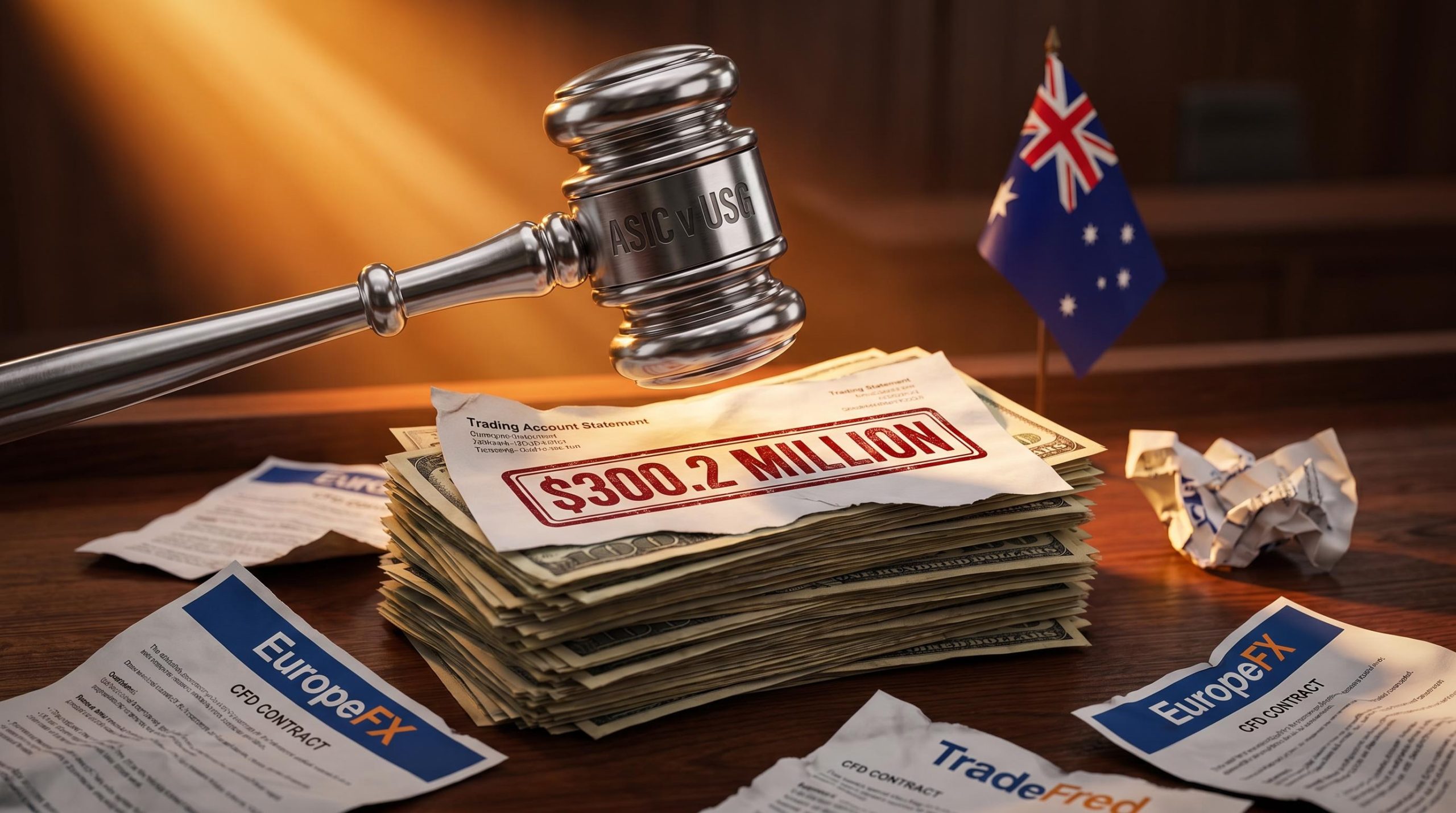 ASIC's $300.2 million Australia CFD penalty against USG, EuropeFX, and TradeFred rendered as gavel strike